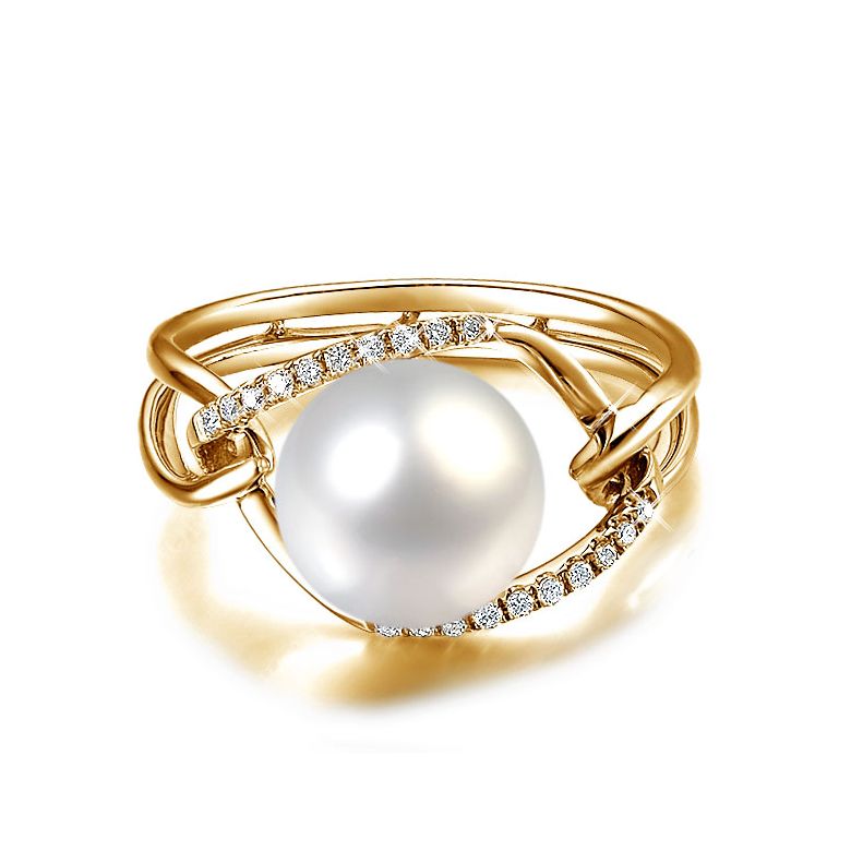 Bague or jaune perle blanche eau douce - 2 anneaux unis en diamants - 3