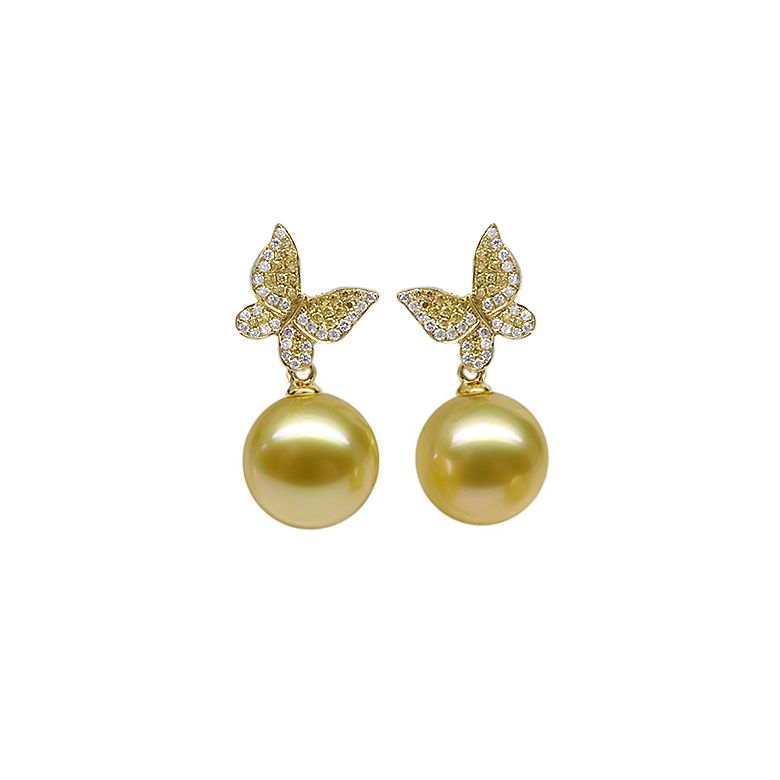 Pendants d'oreilles Papillon. Or jaune, Perle d'Australie dorée, Diamants - 1