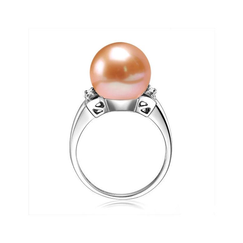 Bague or perle de culture - Perle blanche Chine - Or blanc, diamants - 8