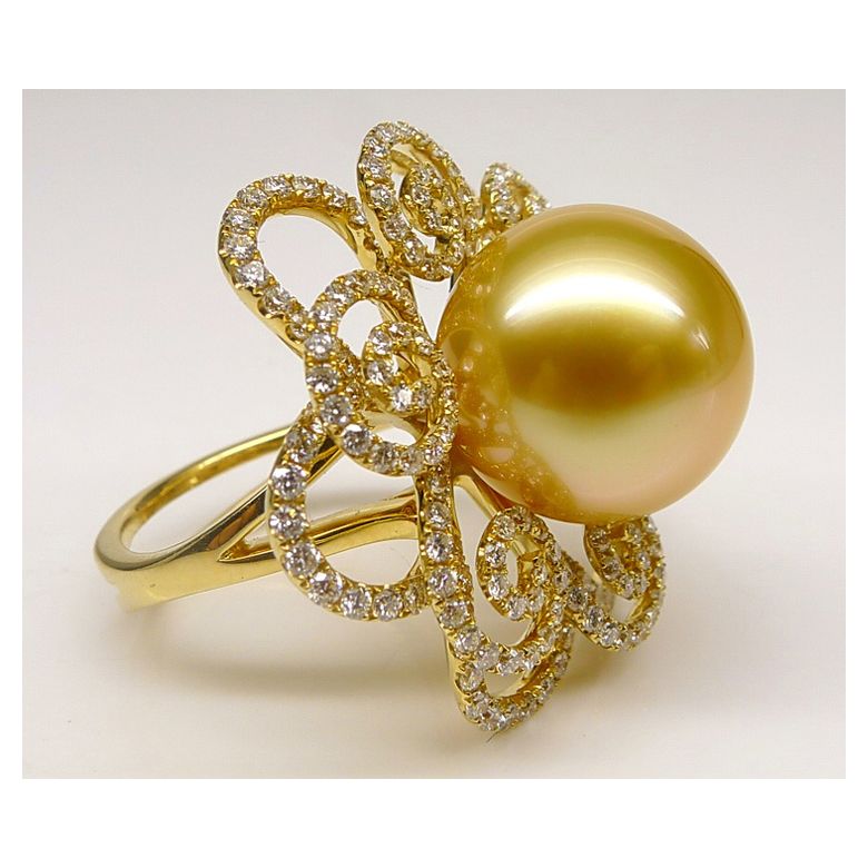 Bague Fleur arabesque perle dorée. Or jaune et diamants - 2