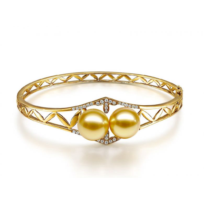 Bracelet joaillerie jonc - 2 Perles d'Australie dorées - Or, diamants - 1