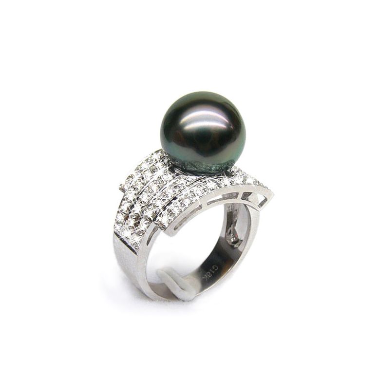 Bague style opulent - Perle Tahiti noire, bronze - Or blanc, diamants - 1