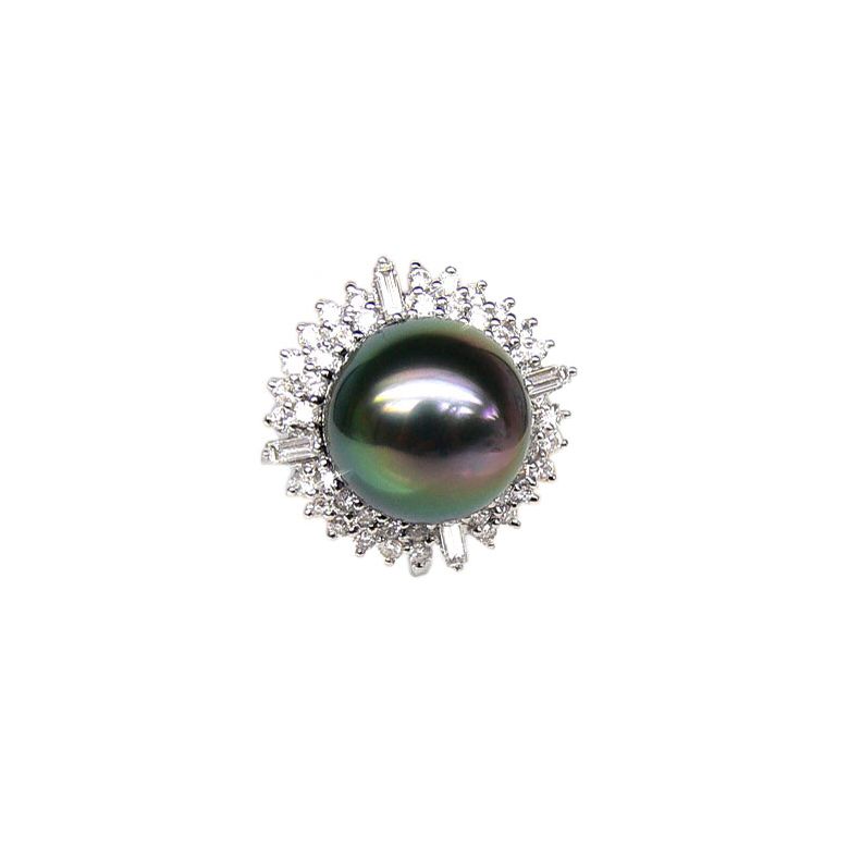 Bague auréolée de diamants - Perle de Tahiti paon rosée - Or blanc - 1