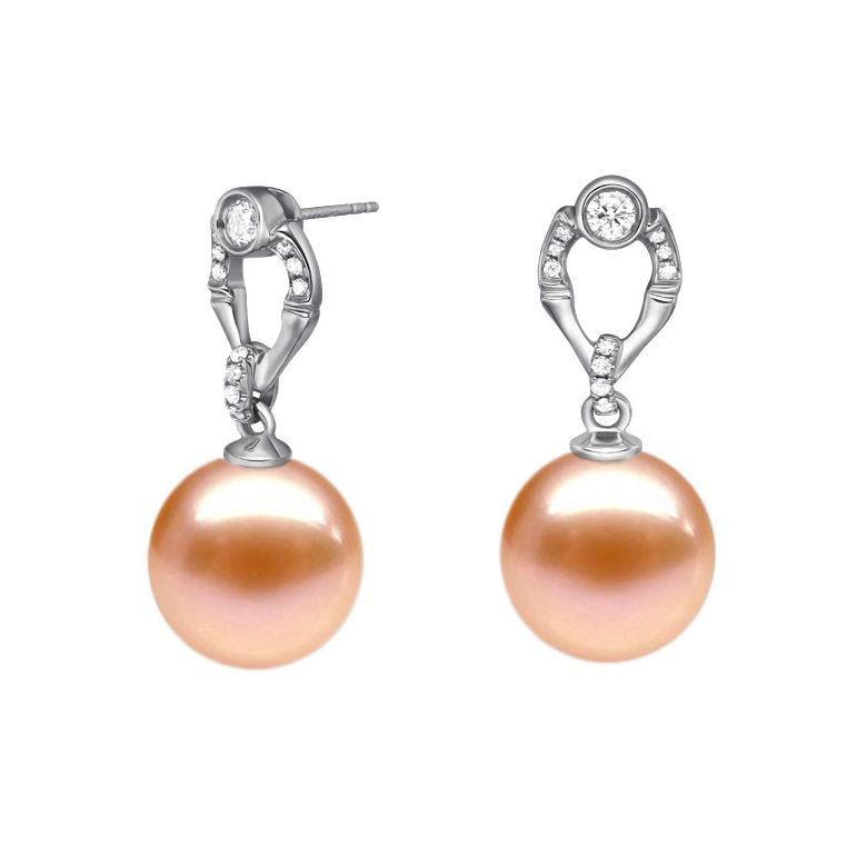 Boucles d'oreilles en forme de bambou - Or blanc, perles et diamants - 4