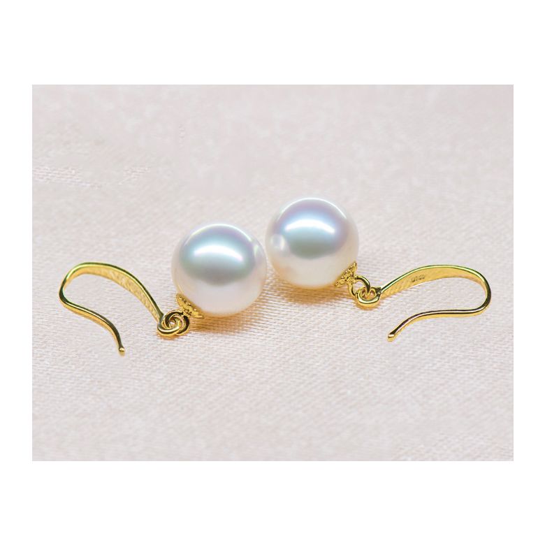 Boucles oreilles crochets or jaune et perles Akoya blanches - 7/7.5mm - 5