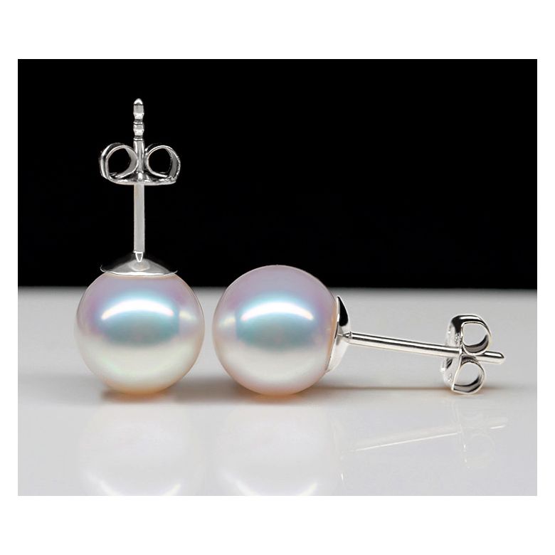 Clous oreilles femmes or blanc - Boucles perles Akoya japon, 7.5/8mm - 2