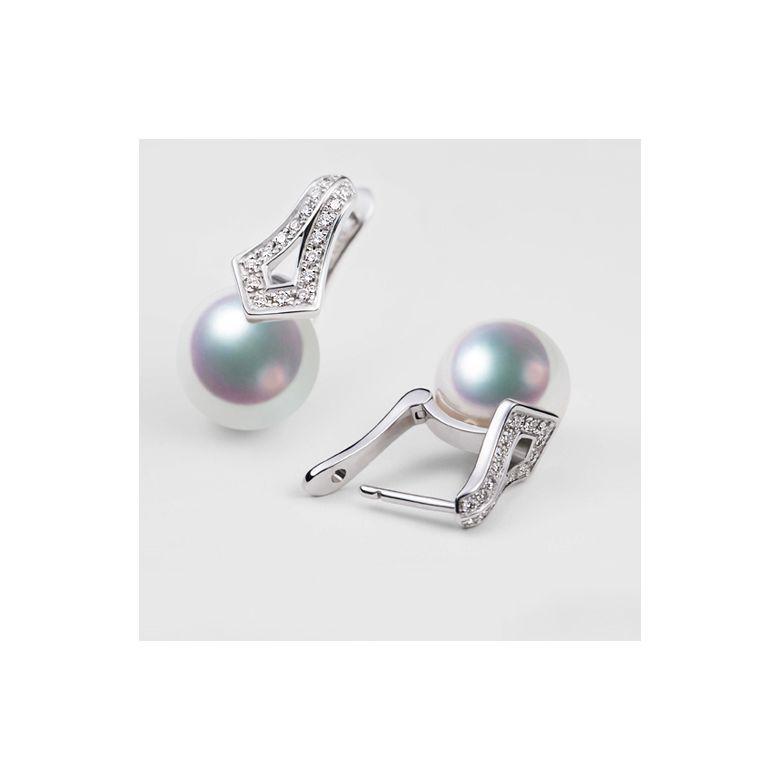 Boucles oreilles perles Japon. Pendants Michiko Or blanc, diamants. - 3
