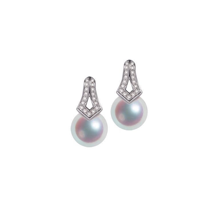 Boucles oreilles perles Japon. Pendants Michiko Or blanc, diamants. - 1