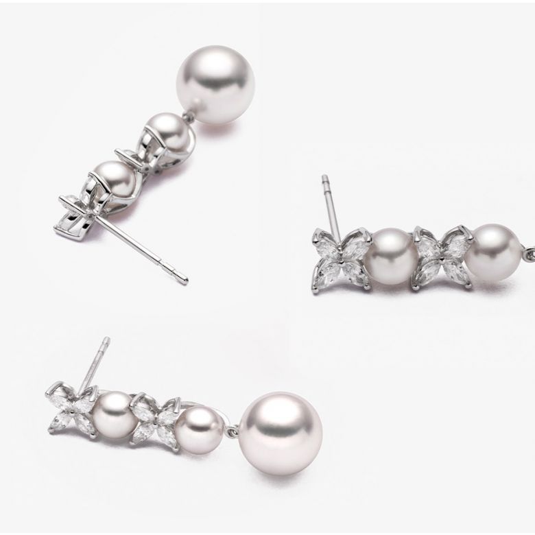 Boucles Oreilles Symphonie Nuptiale. Pendants Or blanc, diamants, perles Akoya - 4