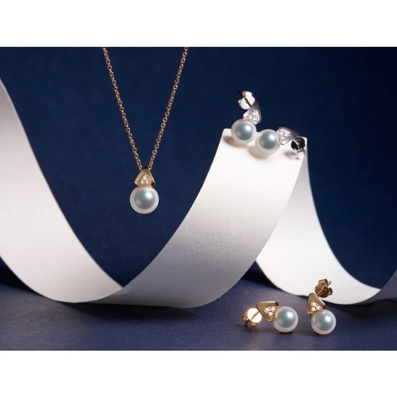 Boucles oreilles triangulaires. Perles Akoya Japon, Or jaune, Diamants - 4