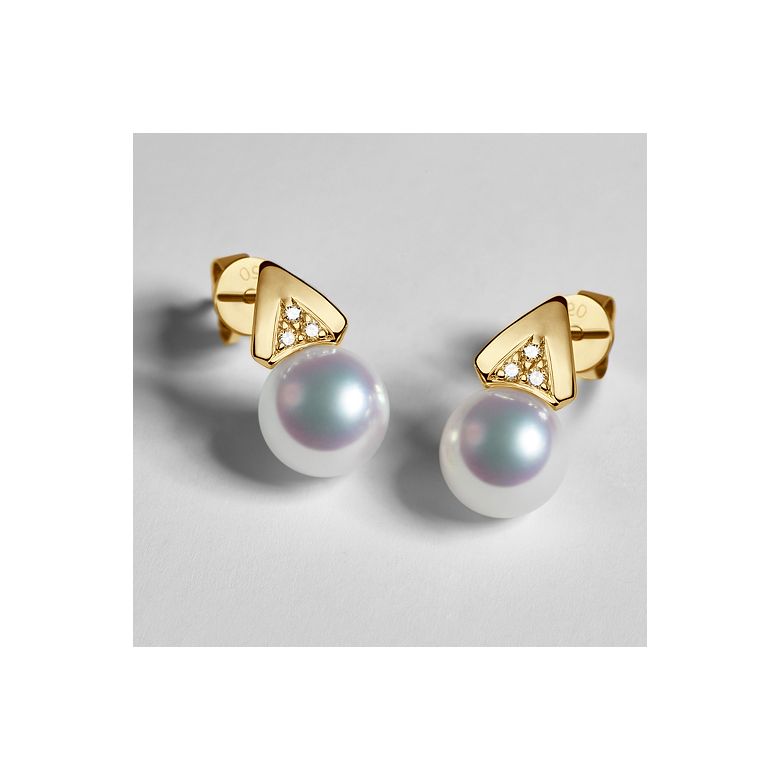 Boucles oreilles triangulaires. Perles Akoya Japon, Or jaune, Diamants - 7