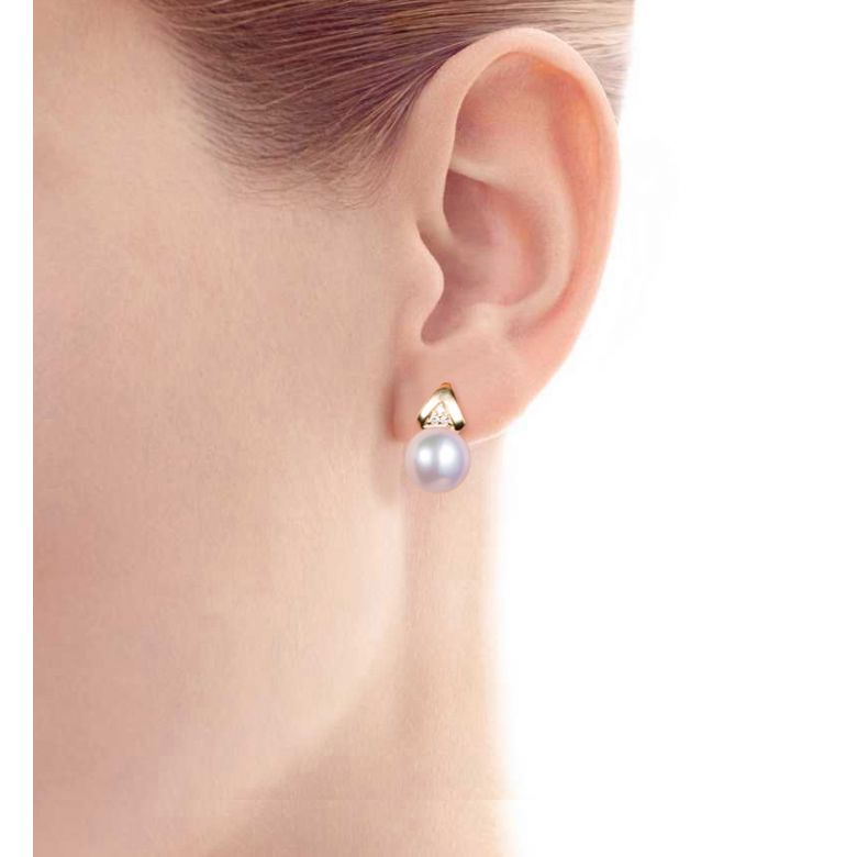 Boucles oreilles triangulaires. Perles Akoya Japon, Or jaune, Diamants - 2