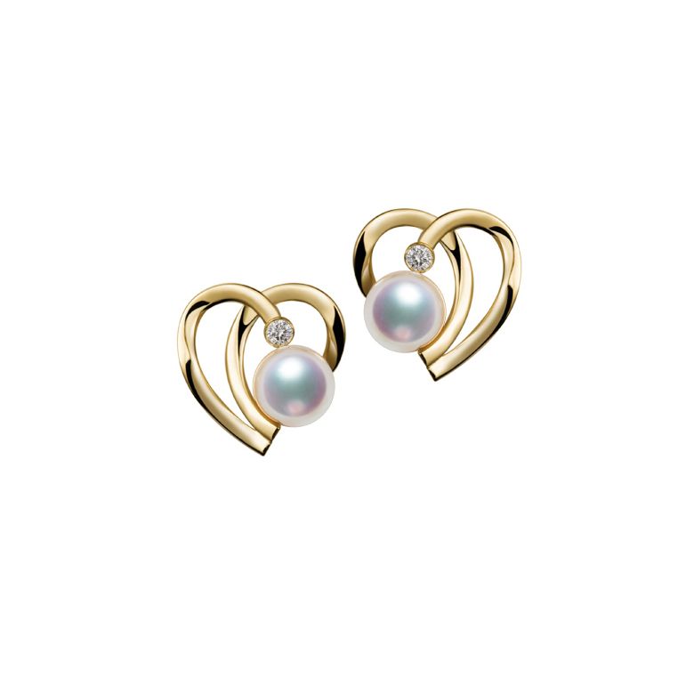 Boucles Coeur contemporain Or jaune. Perles Akoya, Diamants.  - 1