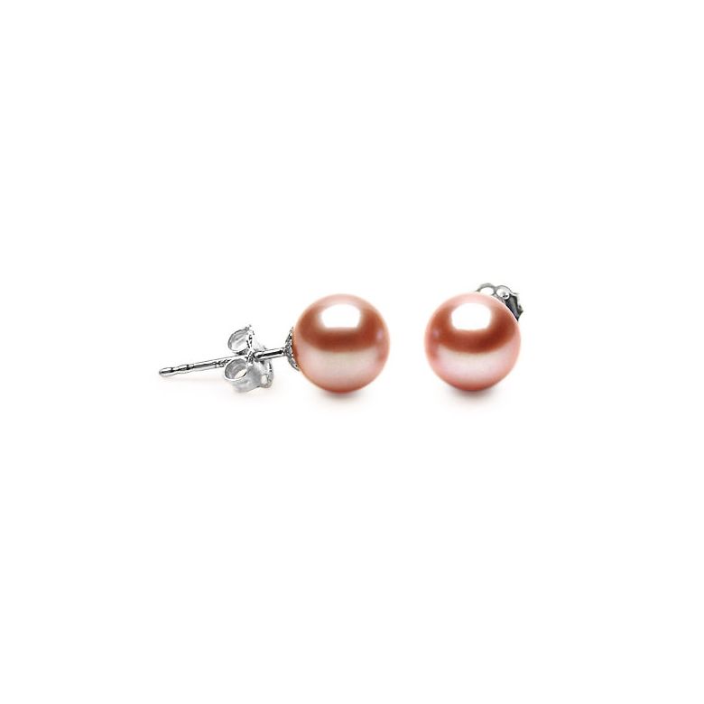 Boucles d'oreilles clous. Perles roses 8/9mm. Or blanc - 1