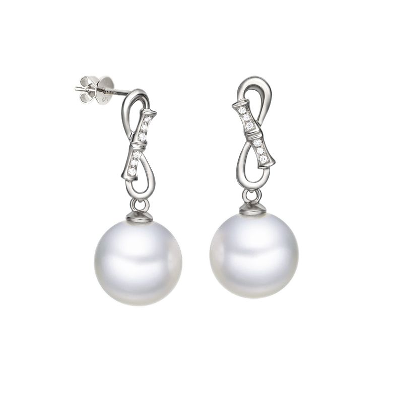 Boucles d'oreilles Bamboo - Pendants oreilles perles & Or blanc - 1