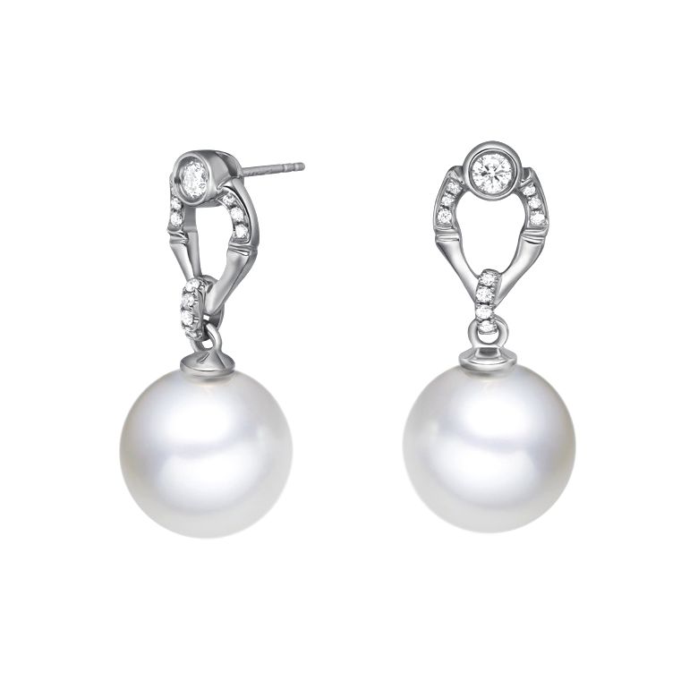 Boucles d'oreilles en forme de bambou - Or blanc, perles et diamants - 1