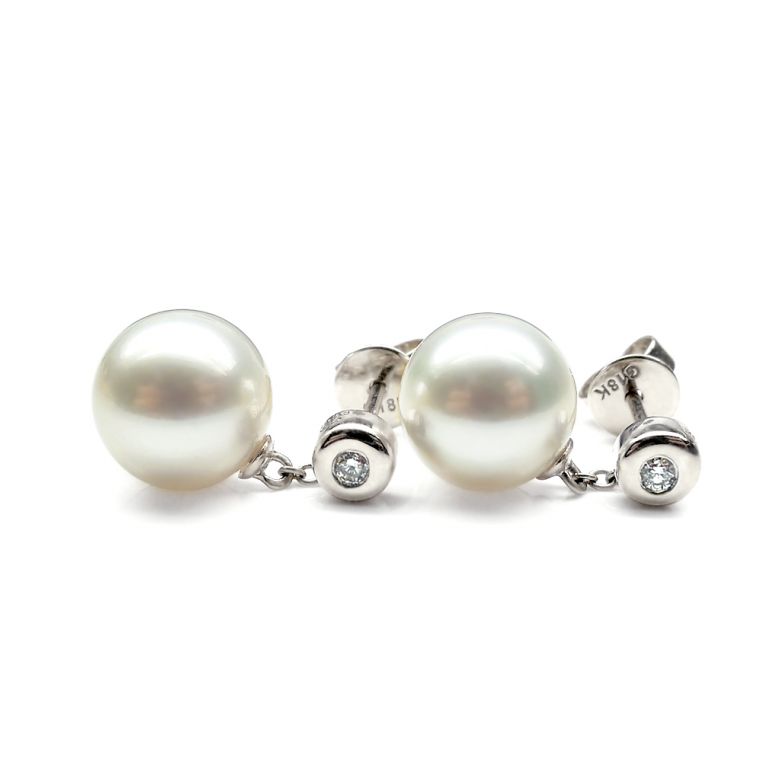 Boucles d'oreilles perles de Chine. Disque d'or blanc, chaînette - 4