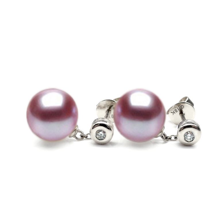 Boucles d'oreilles perles de Chine. Disque d'or blanc, chaînette - 8