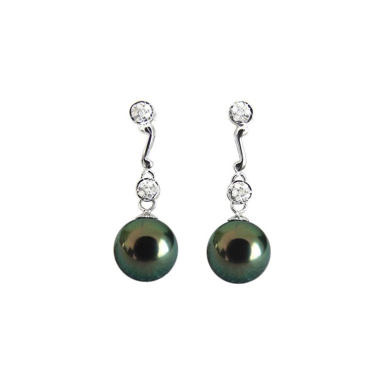Boucles oreilles pendantes - Perles de Tahiti noires - Or blanc - Diamants - 1