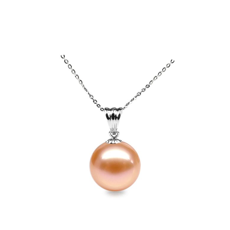 Collier une perle rose - Pendentif or blanc - 1