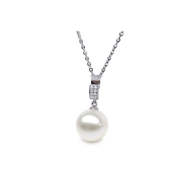 Pendentif moderne pavée de 8 diamants - Or blanc, perle douce blanche - 3