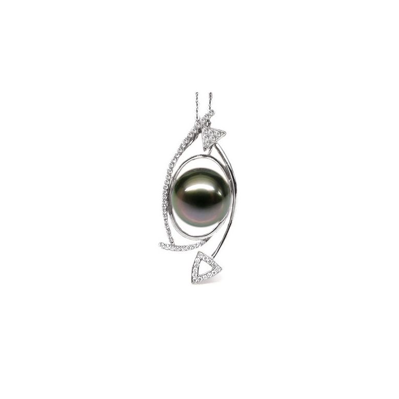 Pendentif elliptique - Perle Tahiti paon aubergine - Or blanc, diamants - 1