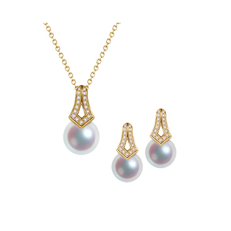 Pendentif et Boucles Michiko. Perles Akoya, Or jaune, diamants - 1