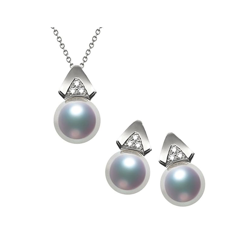 Pendentif et Boucles Tsuguka. Perles Akoya, Or blanc, diamants - 1
