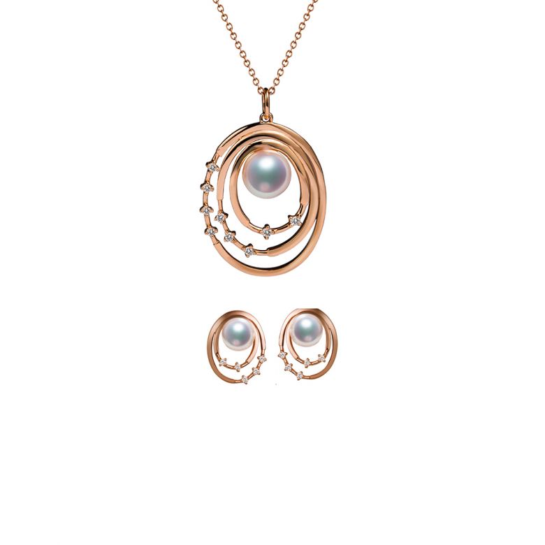 Pendentif et Boucles Kaneo. Perles Akoya, Or rose, diamants. Motifs cerclés - 4