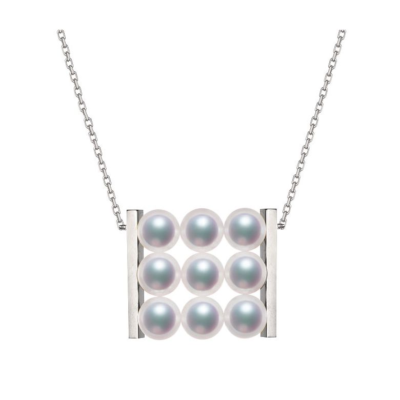 Pendentif 9 perles Akoya. Rails or blanc. Perles damier. Tezuka - 1