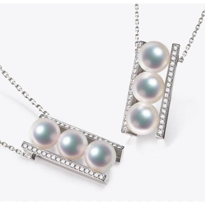 Pendentif 3 perles Akoya. Barettes or blanc sertis diamants. Otohiko - 7