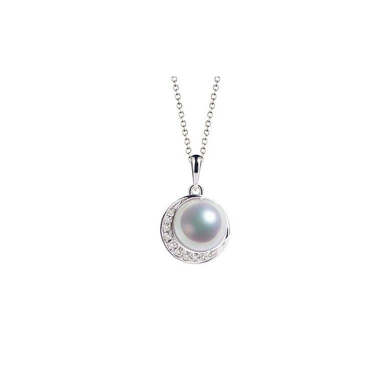 Pendentif couronne Or blanc Diamants. Perle Akoya - 1