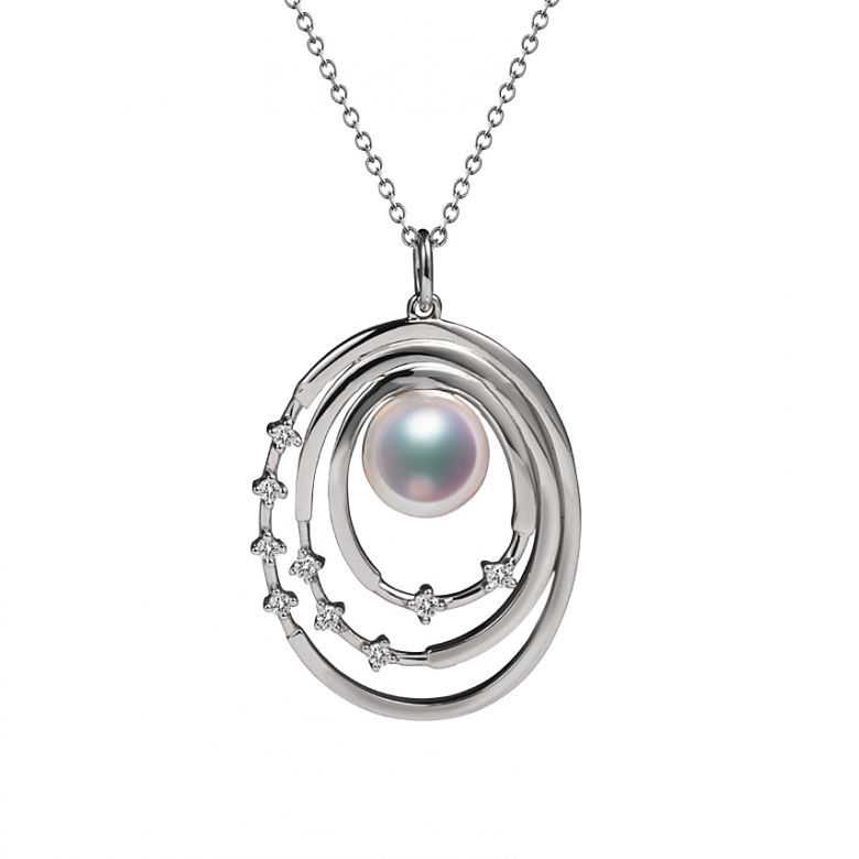 Pendentif perle Akoya Or blanc et diamants. Triple cercle - 1