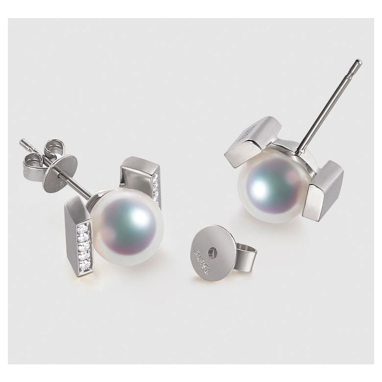 Boucles oreilles modernes forme rail. Or blanc, Diamants et Perles Akoya - 5