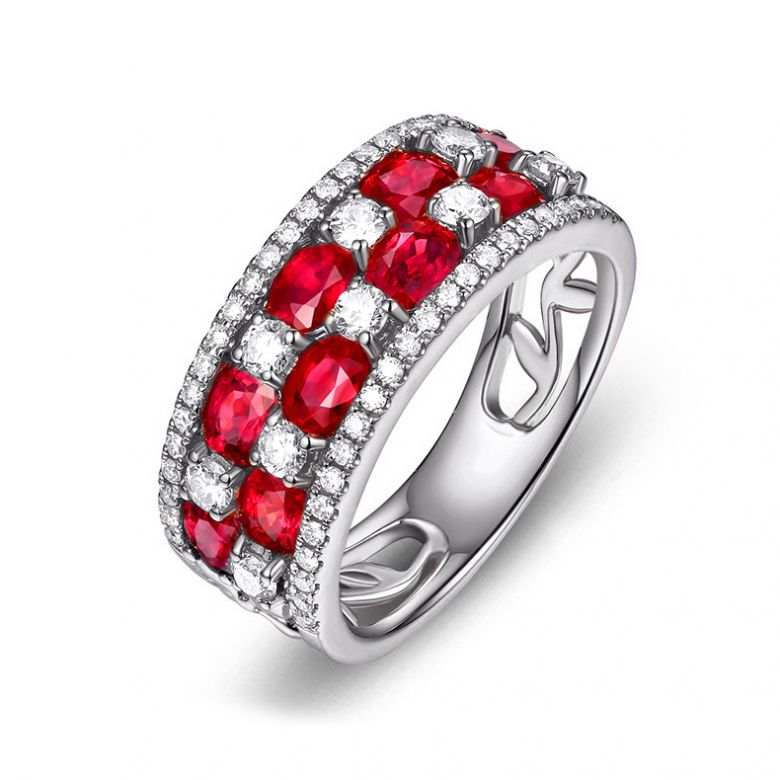 Bague damier Or blanc. Rubis et diamants alternés - 1