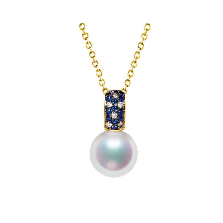 Pendentif Kino, Perle Akoya Japon. Or jaune, diamants et saphirs - 1
