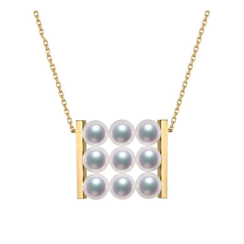 Pendentif 9 perles Akoya. Rails or jaune. Perles damier. Tezuka - 1
