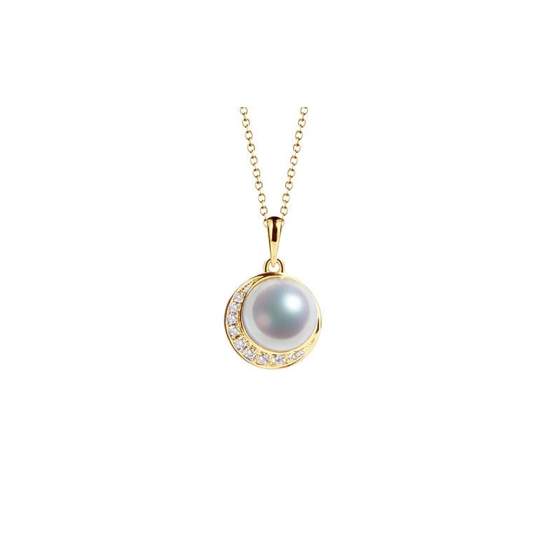 Pendentif couronne Or jaune Diamants. Perle Akoya - 1