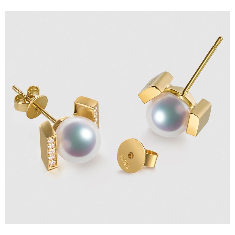 Boucles oreilles modernes forme rail. Or jaune, Diamants et Perles Akoya - 4