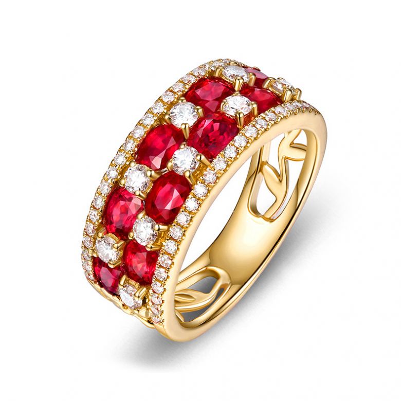 Bague damier Or jaune. Rubis et diamants alternés - 1