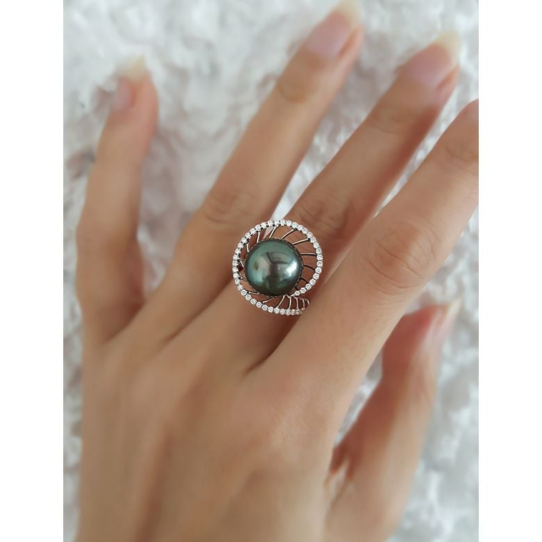 Bague or blanc de forme elliptique - Perle de Tahiti, diamants - 2