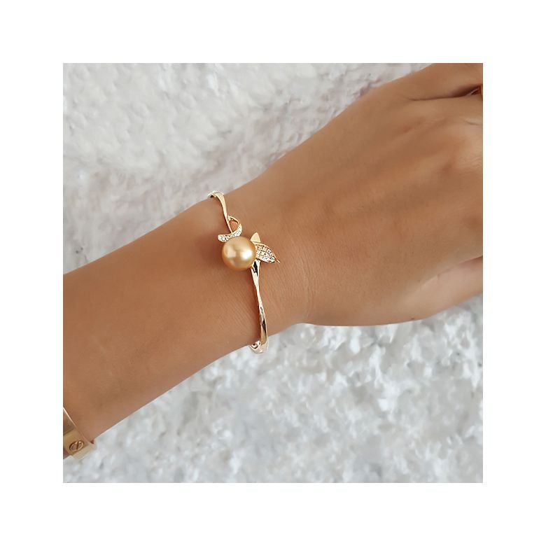 Bracelet végétal jonc or jaune - Perle d'Australie dorée - Diamants - 2