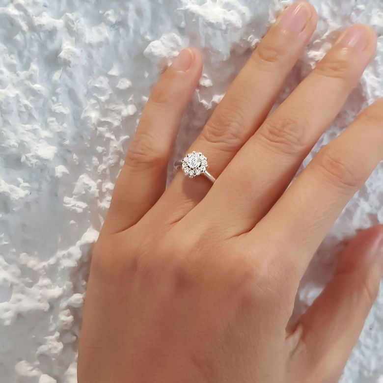 Bague Or Blanc Solitaire - Coeur Caillouté - Diamants pavés | Coeur Caillouté - 5