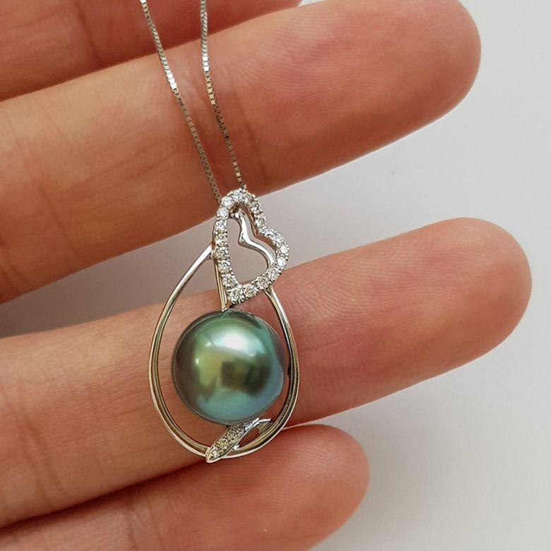 Pendentif accents romantiques - Perle de Tahiti, or blanc, diamants - 4