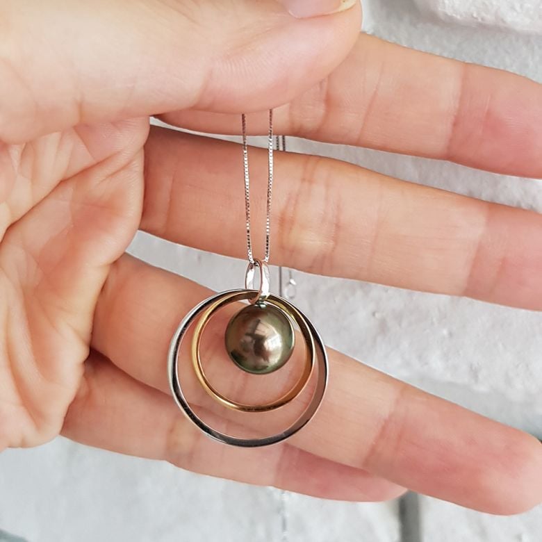 Pendentif 2 anneaux superposés - Perle de Tahiti - Or jaune et blanc - 5