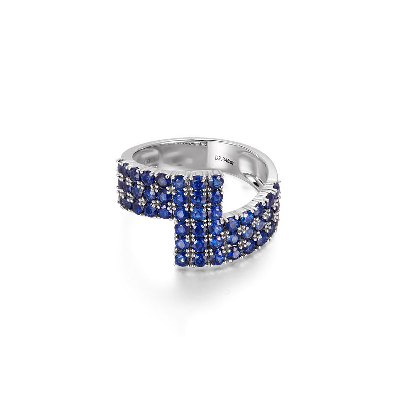 Bague contemporaine or blanc. Pavage géométrique saphir  - 5