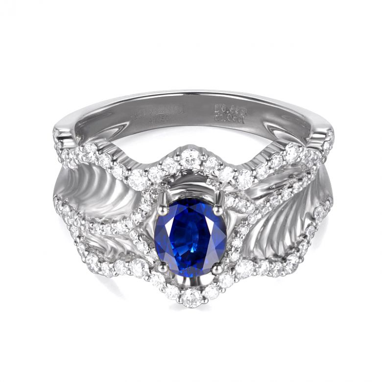 Bague floraison saphir ovale 1.10cts & diamants. Or blanc - 5