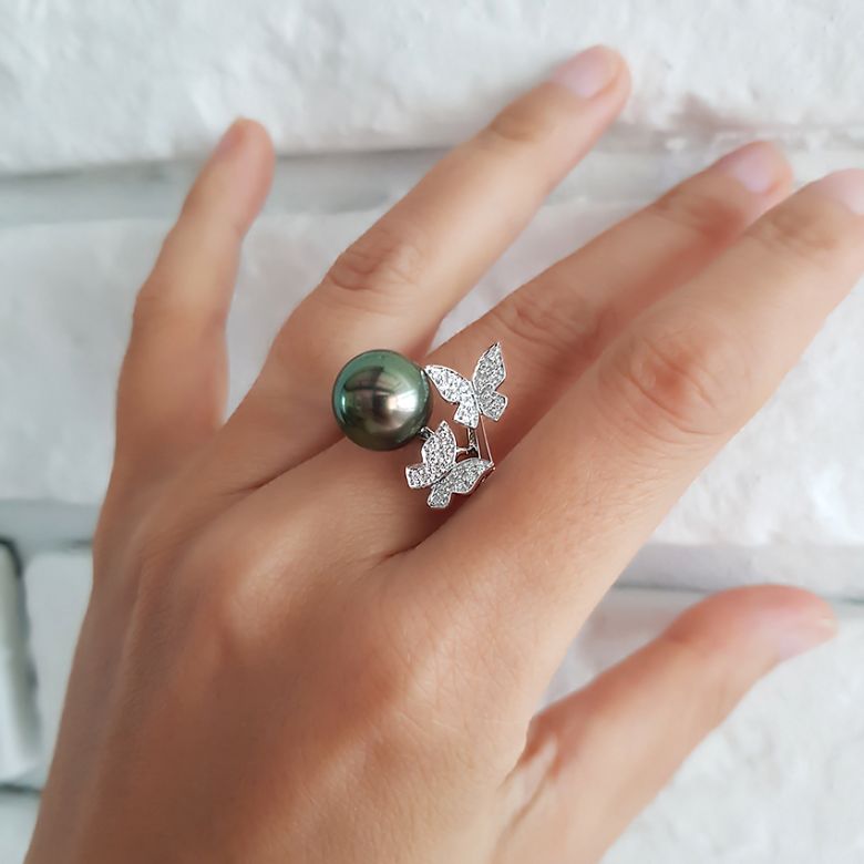 Bague papillons gracieux - Perle de Tahiti - Or blanc, diamants - 7