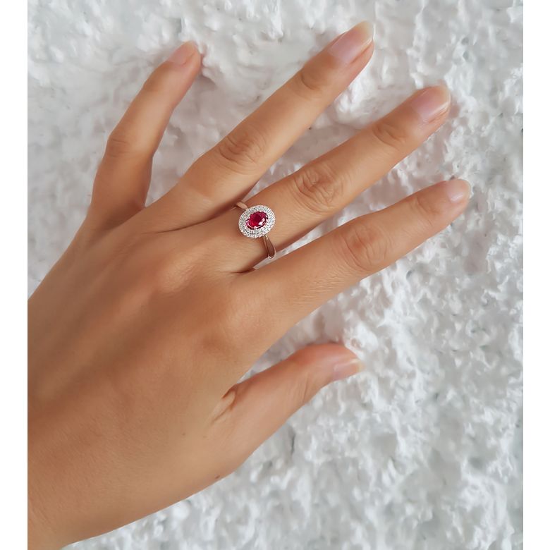 Bague de fiançailles rubis diamants et or blanc - Forme ovale - 7