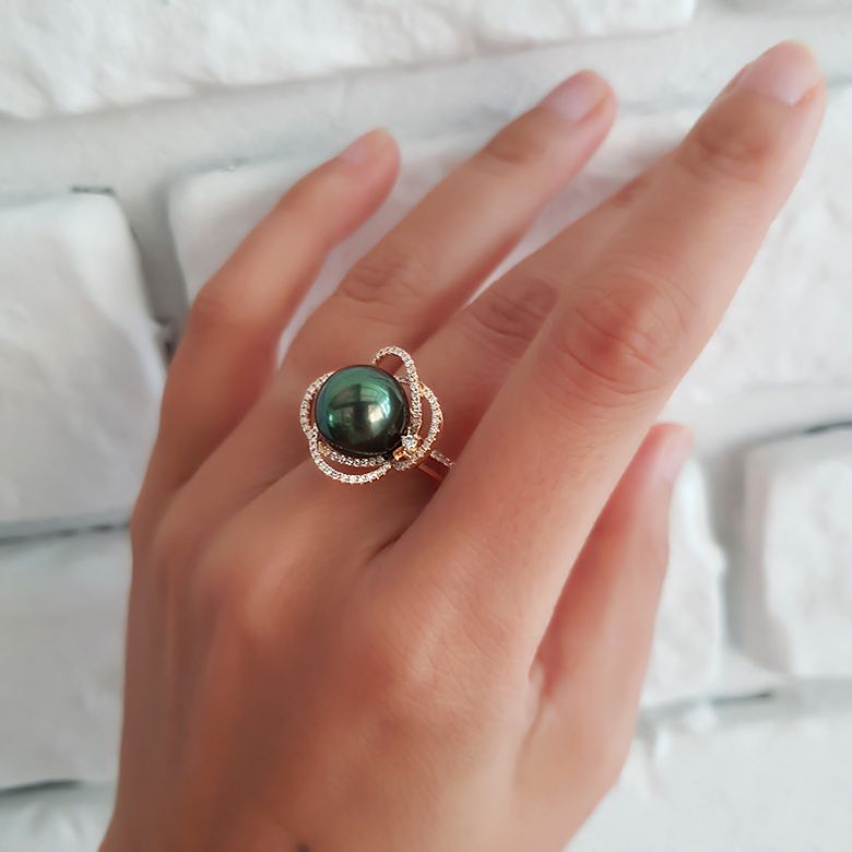 Bague fleur - Un matin de rosé - Perle de Tahiti, or jaune, diamants - 5